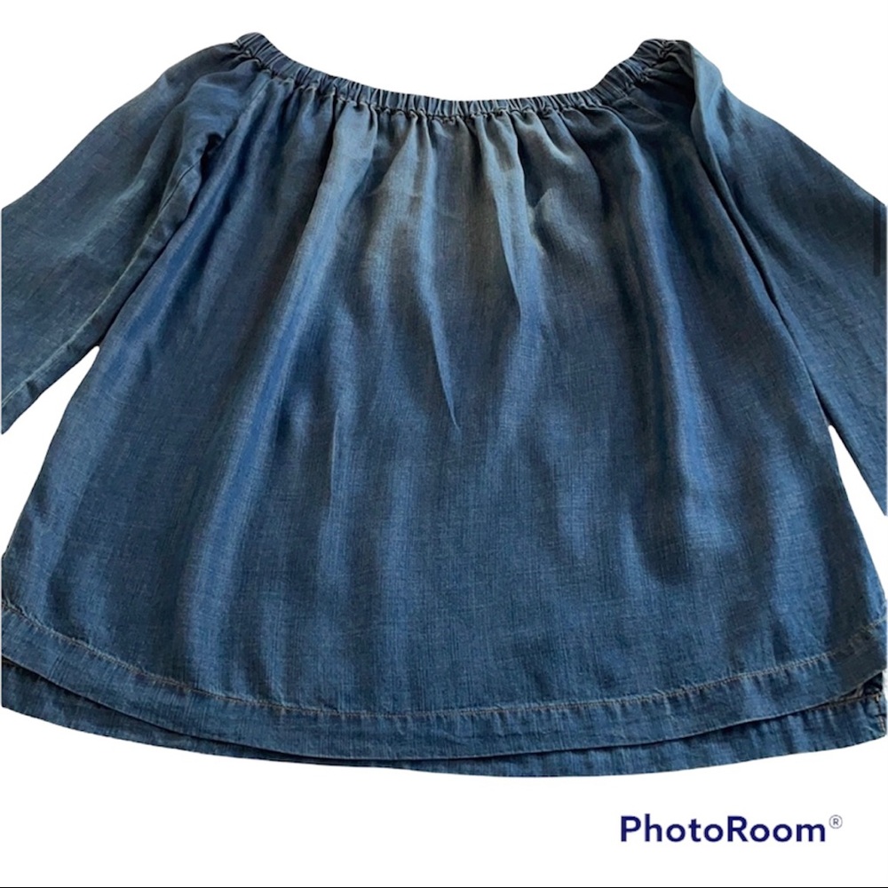 Anthropologie Cloth Stone Distressed Denim Long Sleeve Top S Small Blouse Shirt